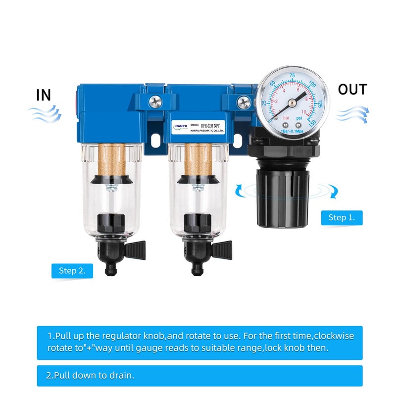 NANPU 1/4" NPT Air Drying System - Double Air Filters, Air Pressure Regulator Combo - Manual Drain, Poly Bowl - DFR-02M - Image 2